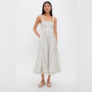 Hill House Square-Neck Floral Midi Dress in White and Green